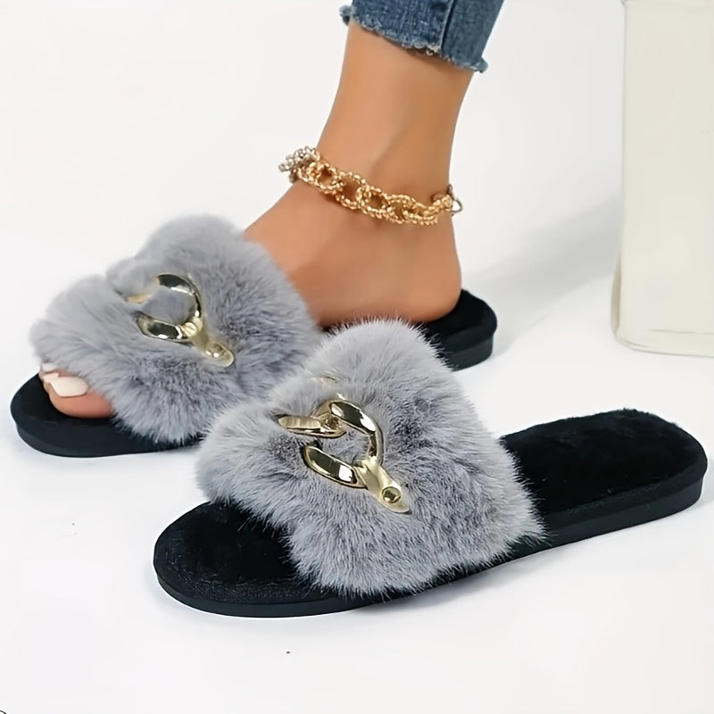 Women’s Faux Fur Slip-On Slides with Chain Link Detail and TPR Sole