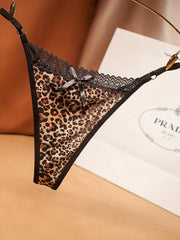 Трусики-стринги с кружевной отделкой в леопардовый принт для женщин, V-образный вырез, эластичный материал, размеры S/M/L