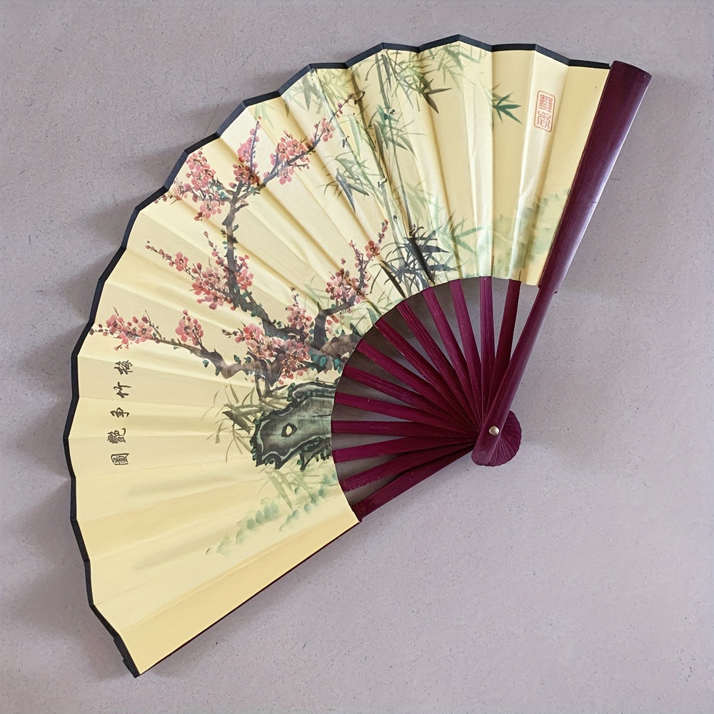 Ancient Style Chinese Folding Fan with Peony Plum Eight Jun Artwork 8-Inch