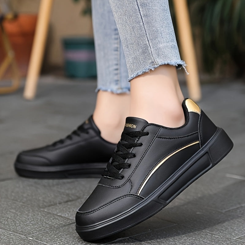 Women's Breathable White Sneakers - Lightweight Casual Shoes with Golden Accents