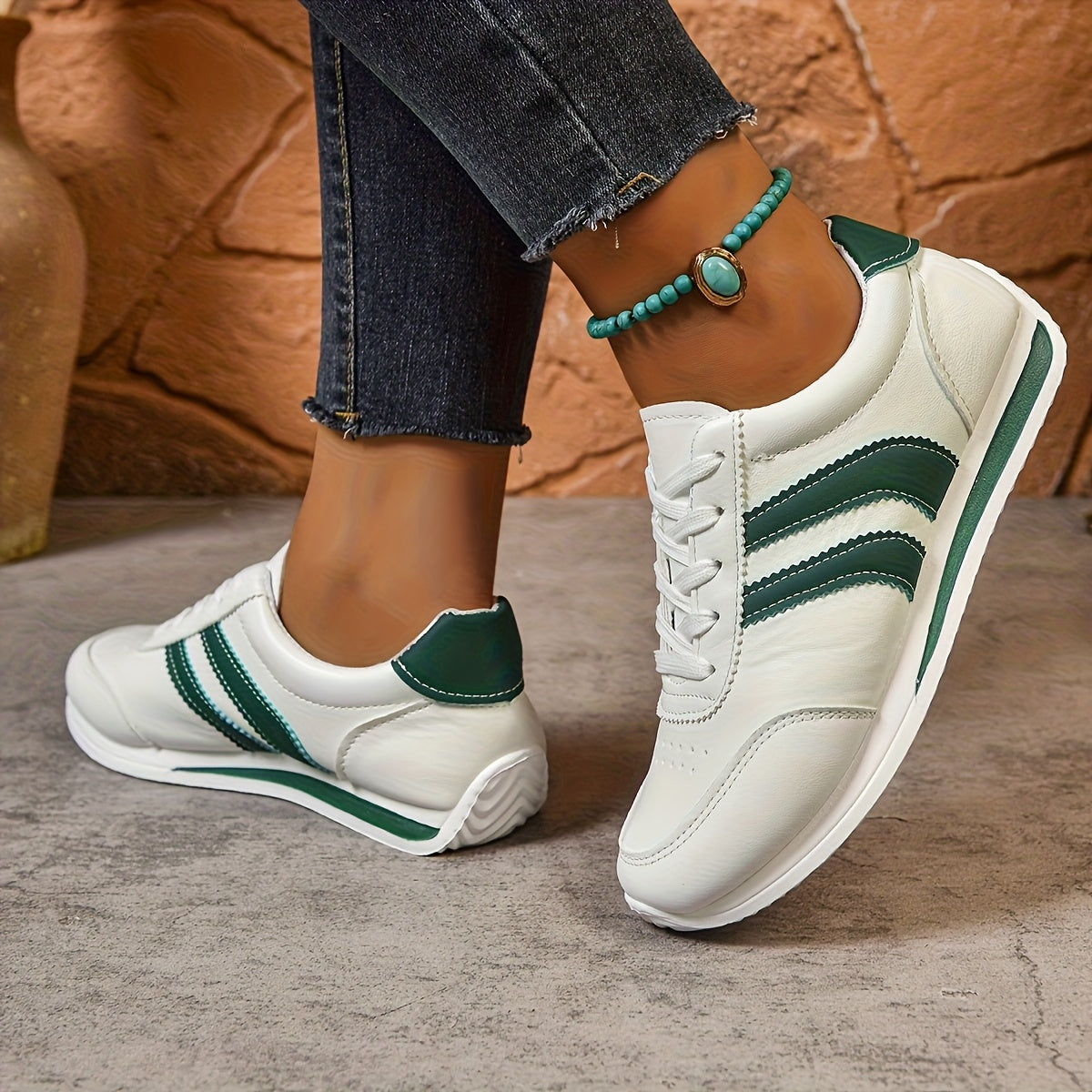 Women's White Synthetic Low-Top Lace-Up Sneakers with Green Navy Stripes