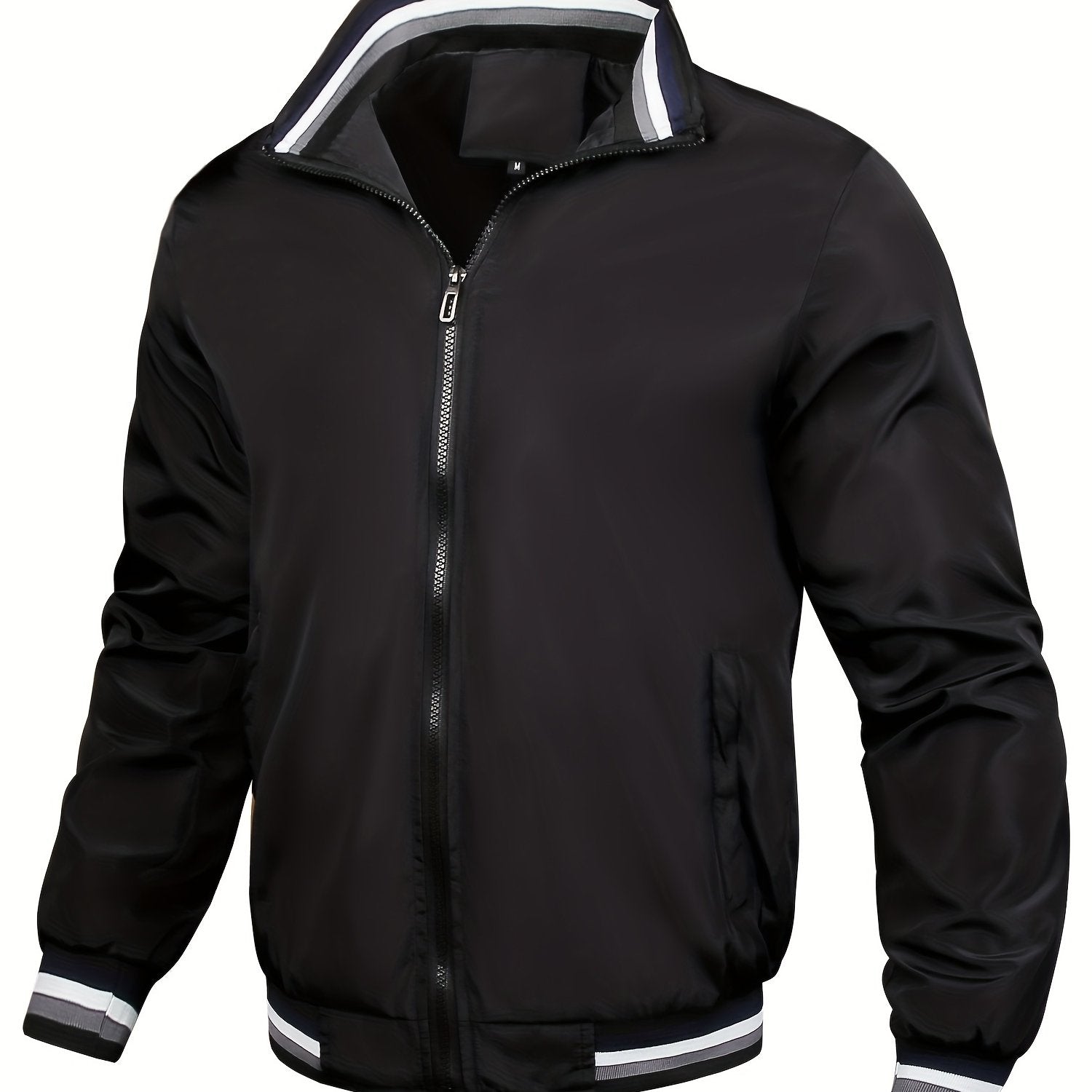 Chaqueta casual para hombre de poliéster con cuello alto, color sólido, transpirable, sin elasticidad, con cremallera, corte regular