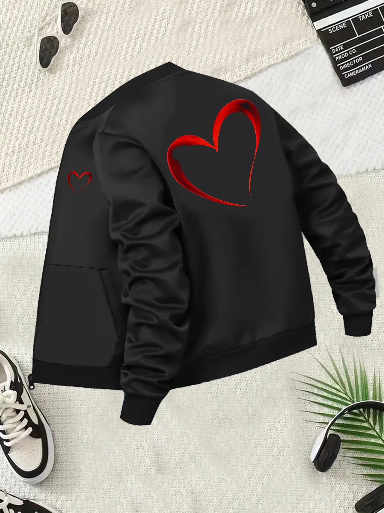 Women's Black Jacket with Red Heart Casual Baseball Collar Outerwear