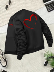 Women's Black Jacket with Red Heart Casual Baseball Collar Outerwear