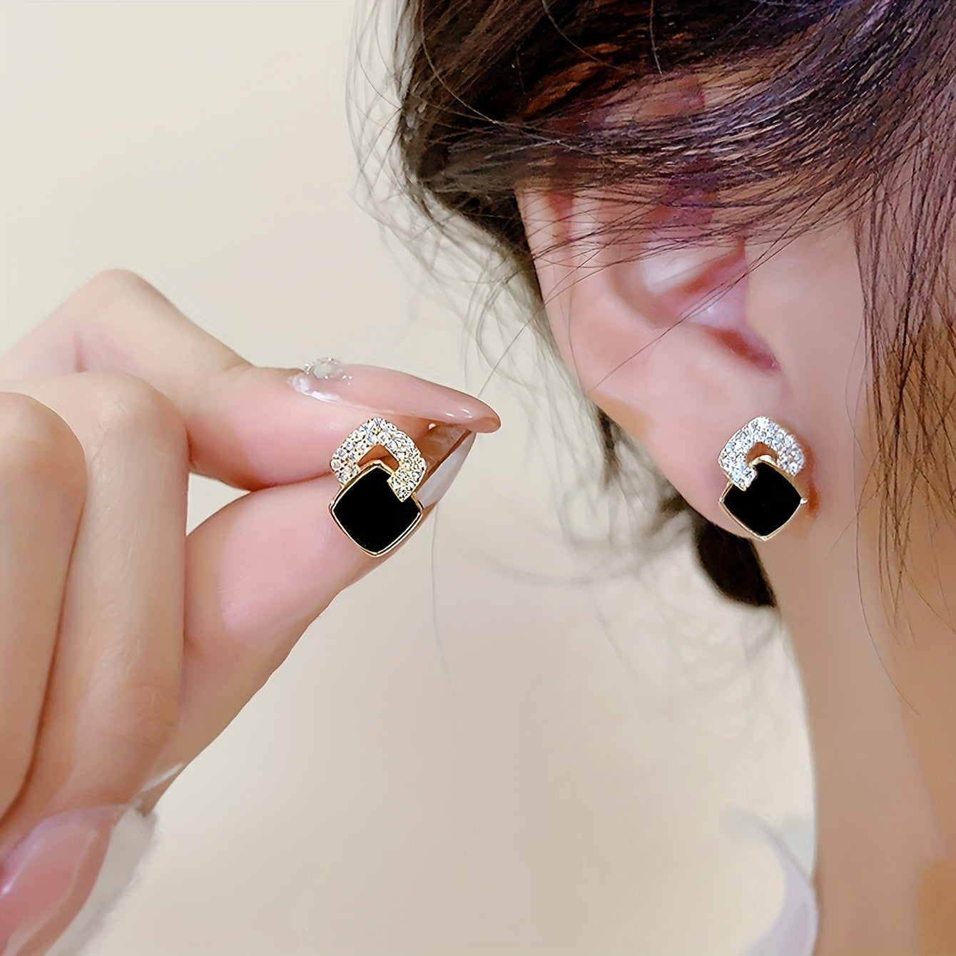 Women Black Square Stud Earrings Micro Pave Zinc Alloy Glass Accents