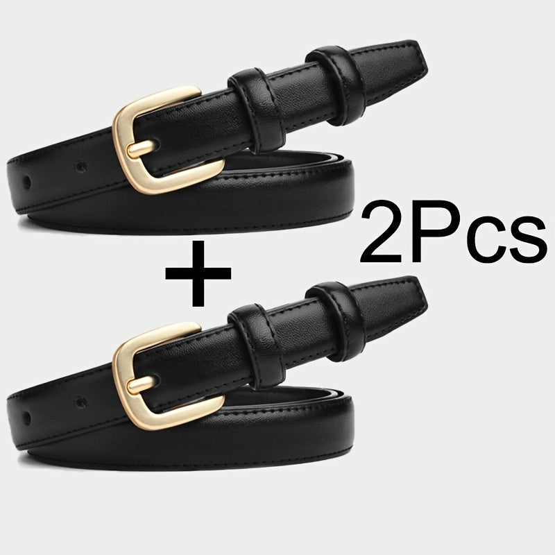 Women's PU Leather Belts with Golden Buckle 2-Pack Casual Vintage for Jeans Dresses