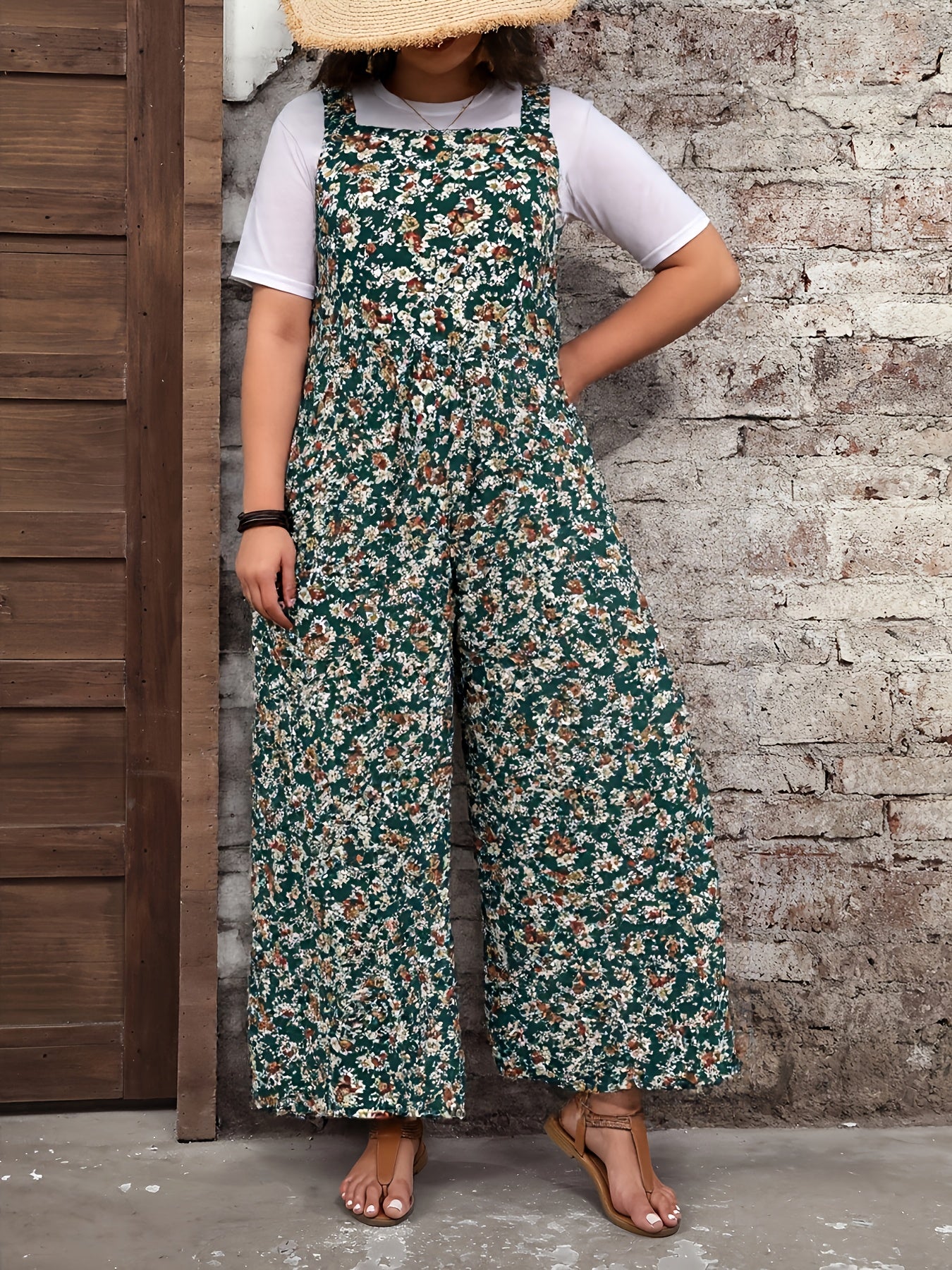 Women's Bohemian Floral Print Jumpsuit Sleeveless Wide-Leg Summer Casual