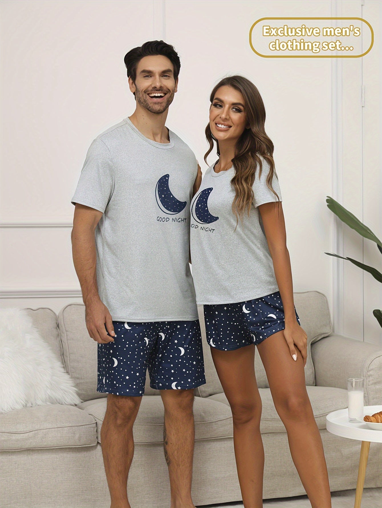 Men's Short Sleeve Galaxy Moon Print Pajama Set Polyester Casual Sleepwear
