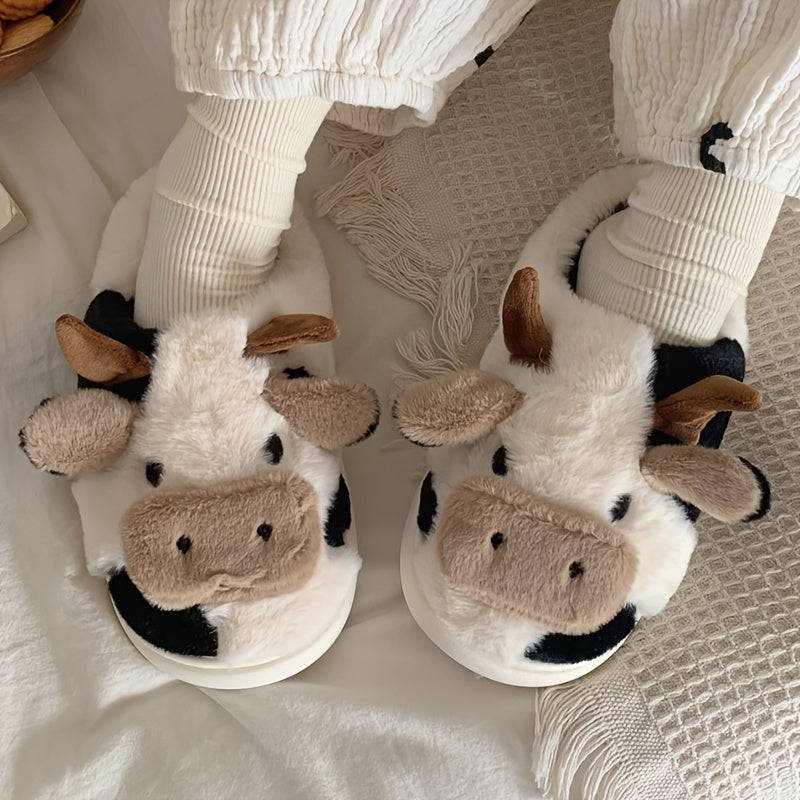 Women's Plush Cow House Slippers Closed Toe Fuzzy Indoor Shoes