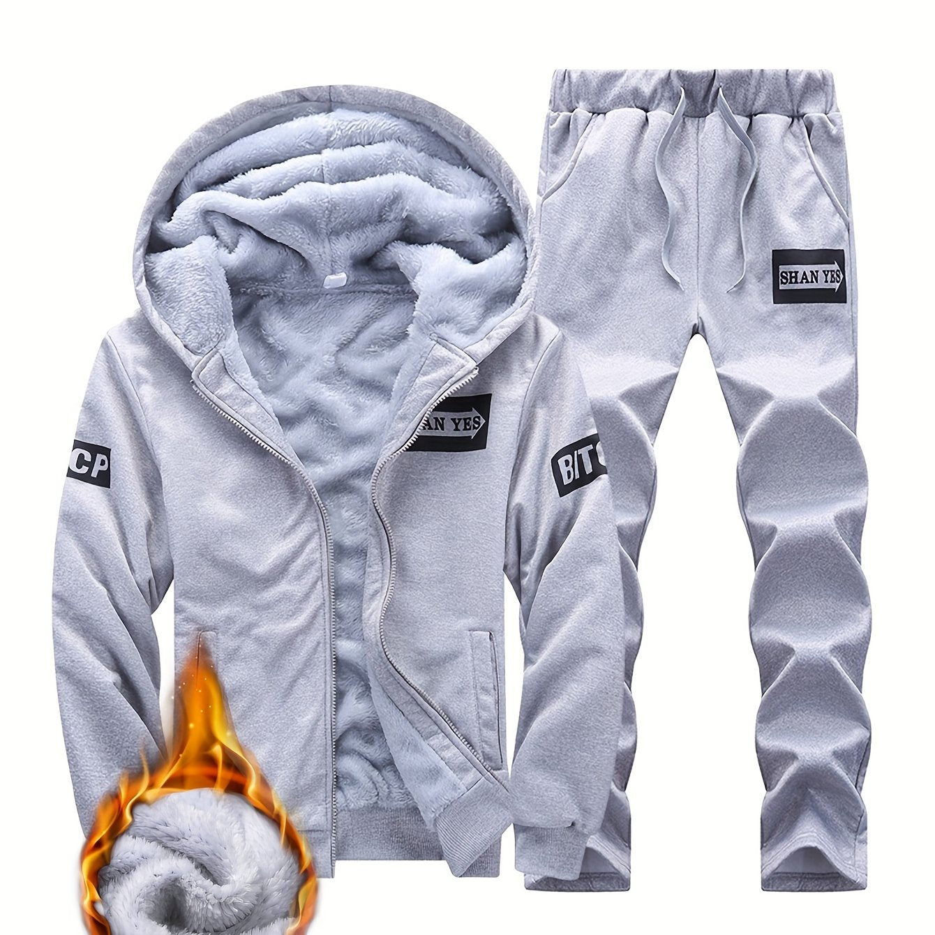 Men's Winter Fleece-Lined Hooded Jacket and Joggers Set Polyester Casual Warm Athletic