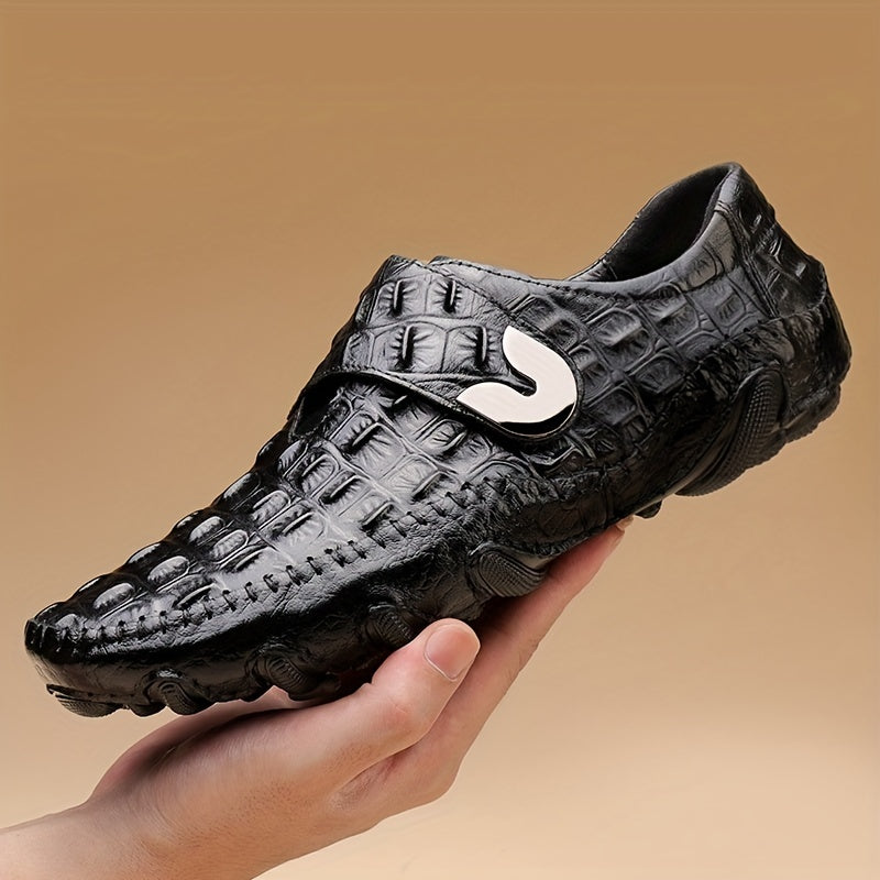 Men's Croc Effect Loafer Shoes with Hook and Loop Fastener Non-Slip Slip-On Leather