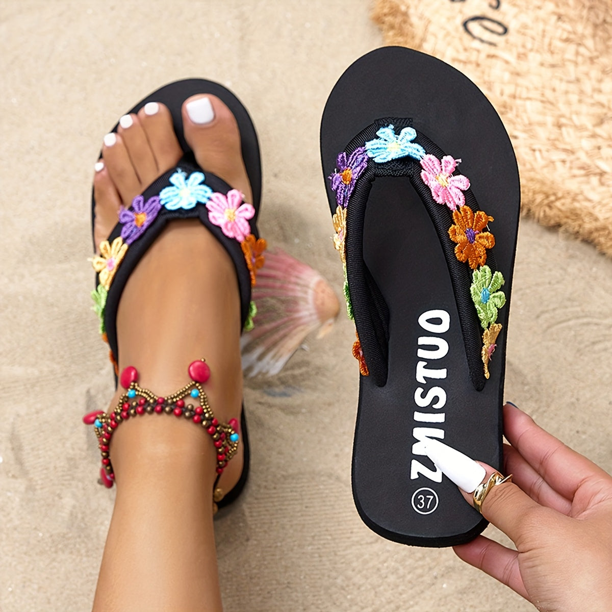 Women's Summer Floral Wedge Sandals Open-Toe Black Fabric Strappy
