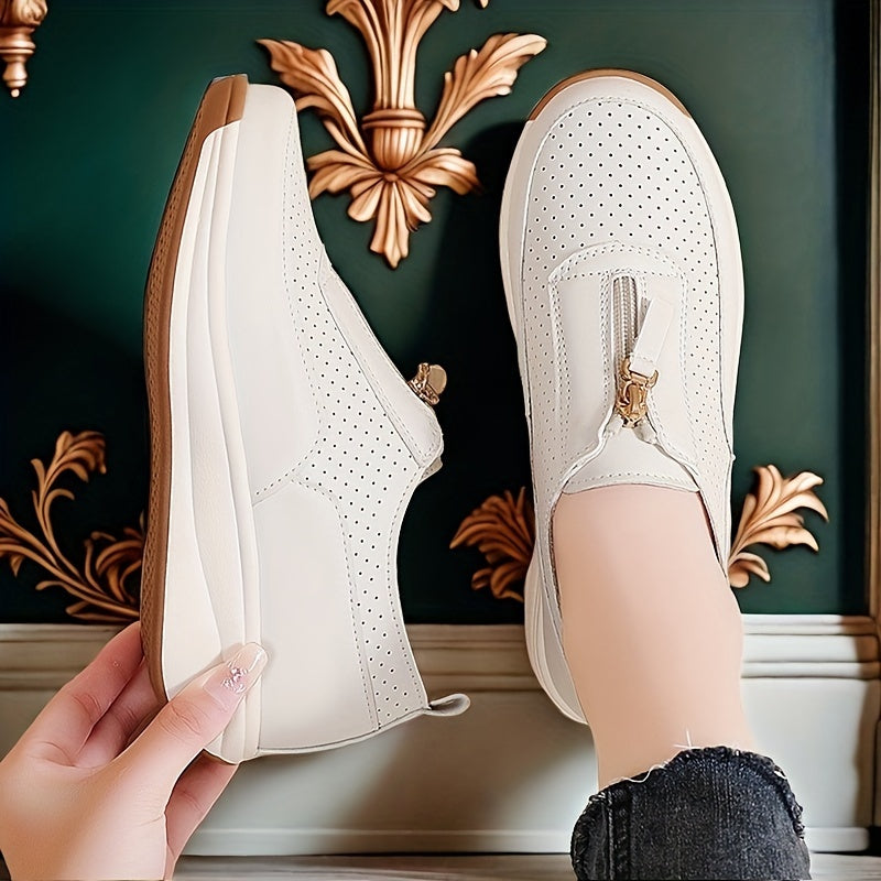 Women's Beige Perforated Casual Sneakers with Zipper, Thick Sole and Anti-Slip