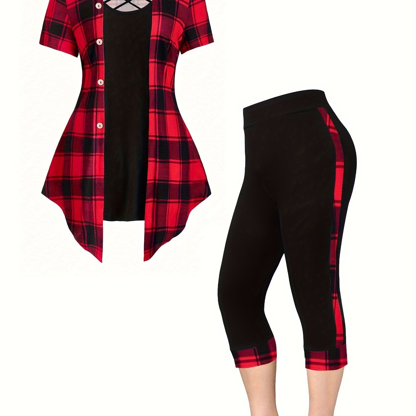 Plus Size V Neck Short Sleeve Top and Plaid Capris Pants Loungewear Set in Polyester