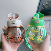 Small Reusable Water Bottle with Straw and Shoulder Strap for School and Outdoor Sports