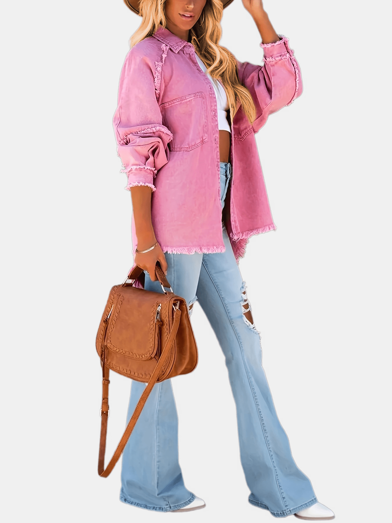 Plus Size Women's Denim Jacket Long Sleeve Button Up Fringe Trim