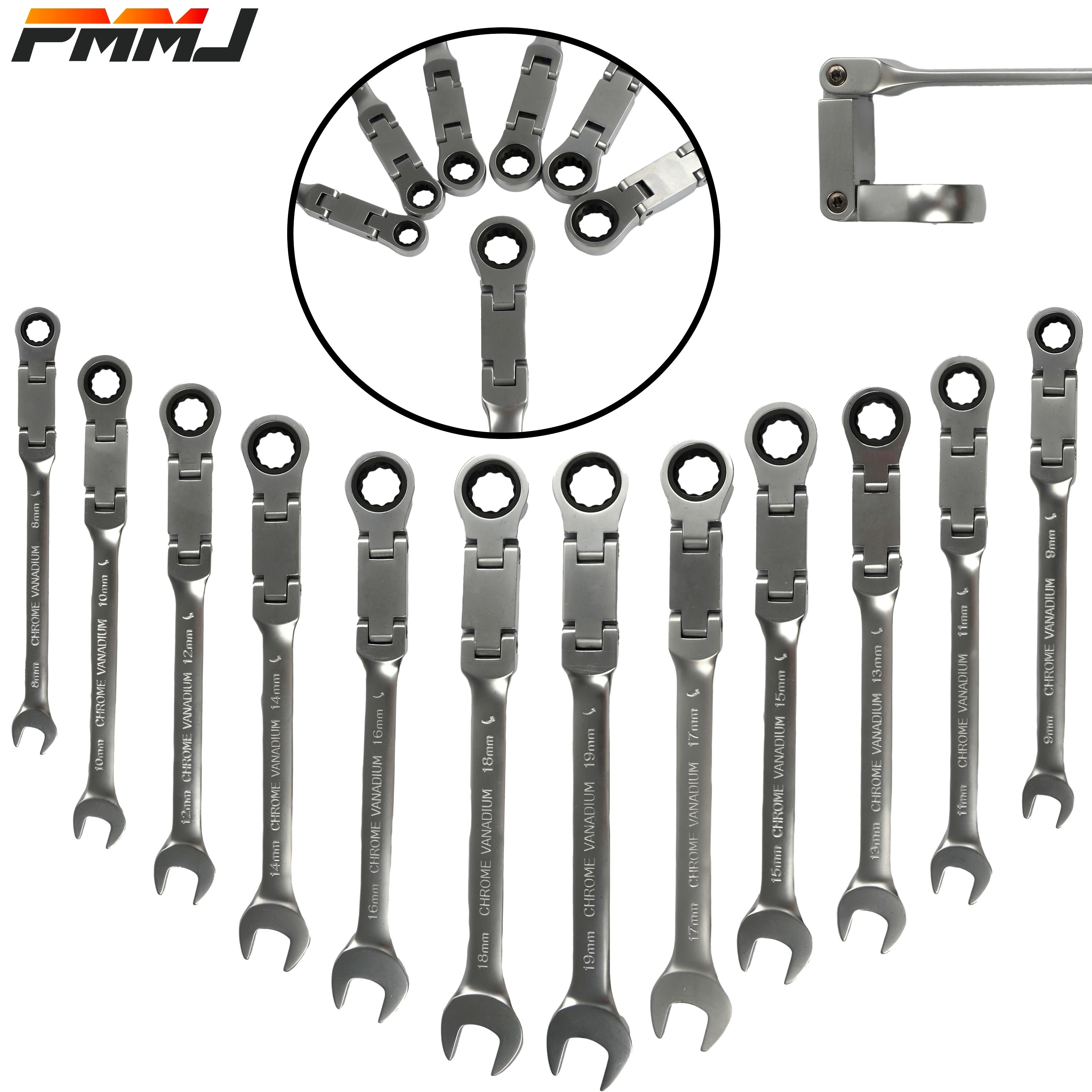 180° Flexible Head Ratchet Wrench Set, 8-19mm, Deep Offset, Dual-Purpose
