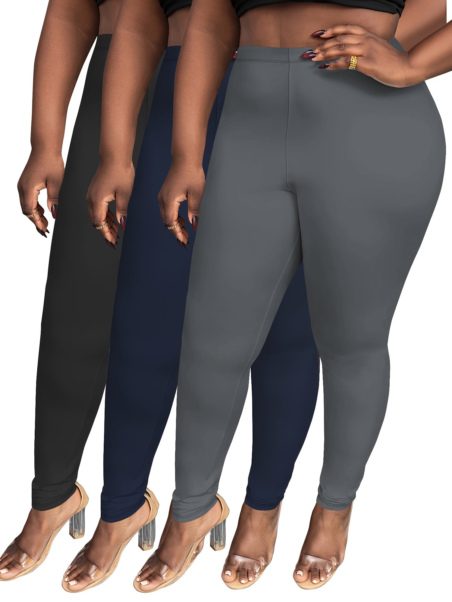 Plus Size Cropped Leggings 3-Pack High Stretch Knit Black Solid Skinny Pants