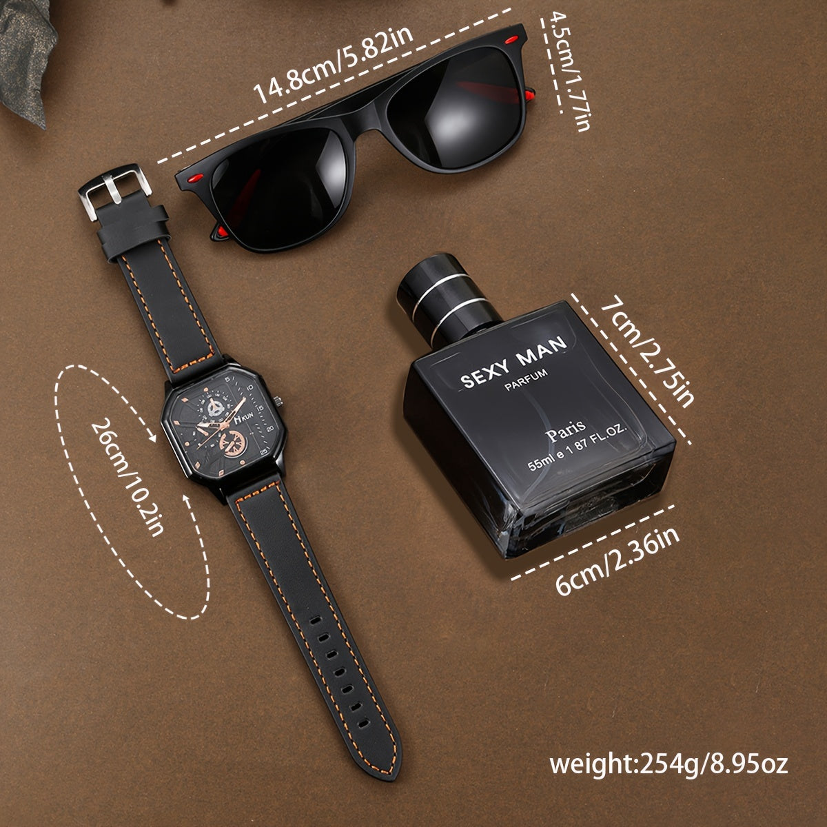 Men's Business Watch Gift Set with Quartz Square Dial PU Leather Strap Glasses Parfum