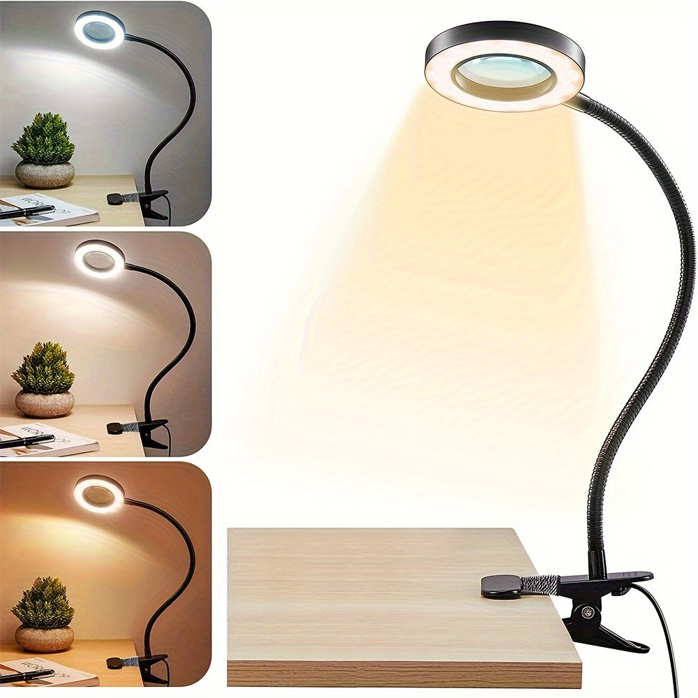 LED Desk Lamp with Magnifying Mirror Dimmable Clip-On Light for Reading and Office