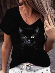 Women's V-Neck Short Sleeve T-Shirt with Black Cat Graphic Polyester Spandex