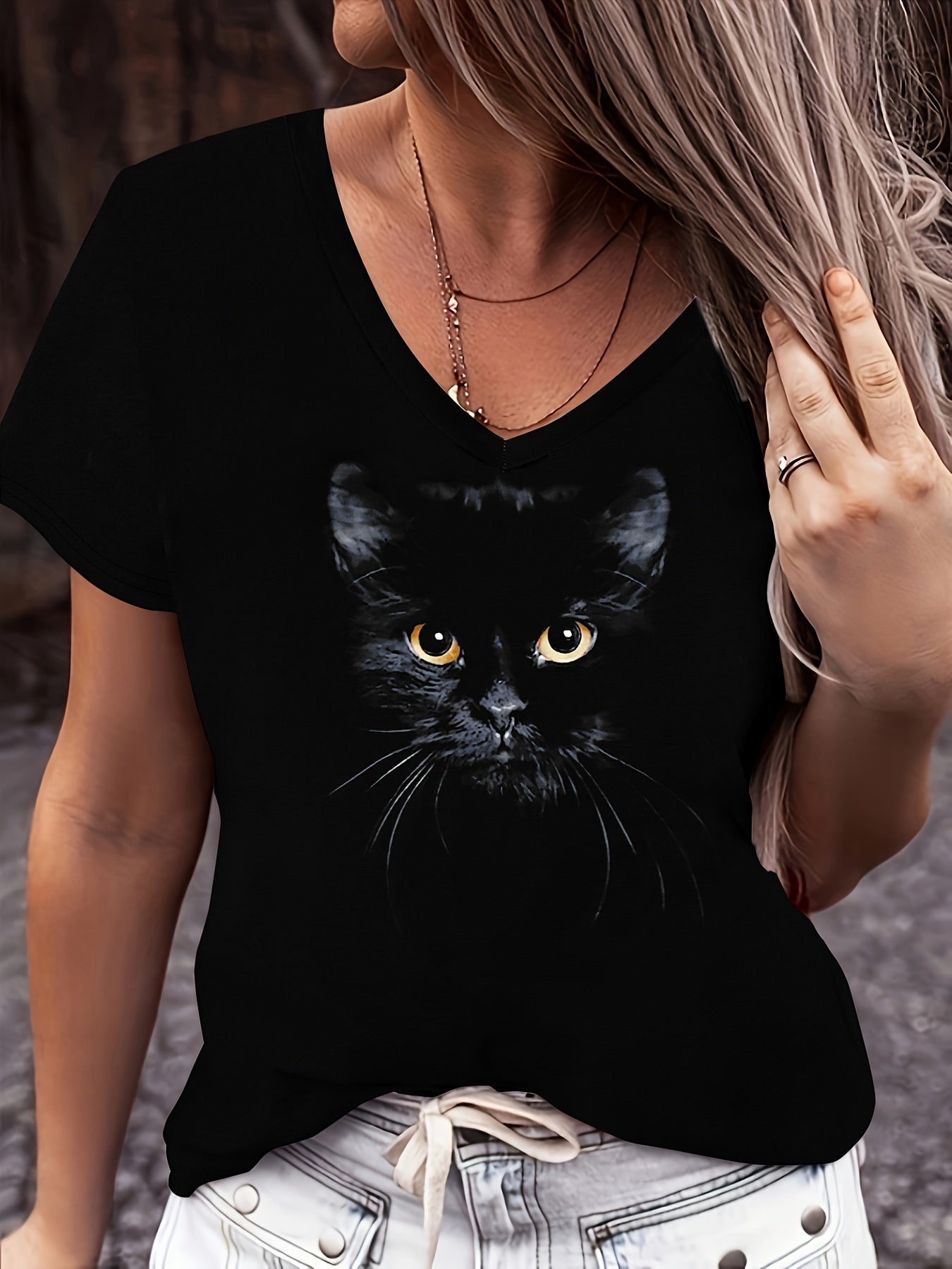 Women's V-Neck Short Sleeve T-Shirt with Black Cat Graphic Polyester Spandex