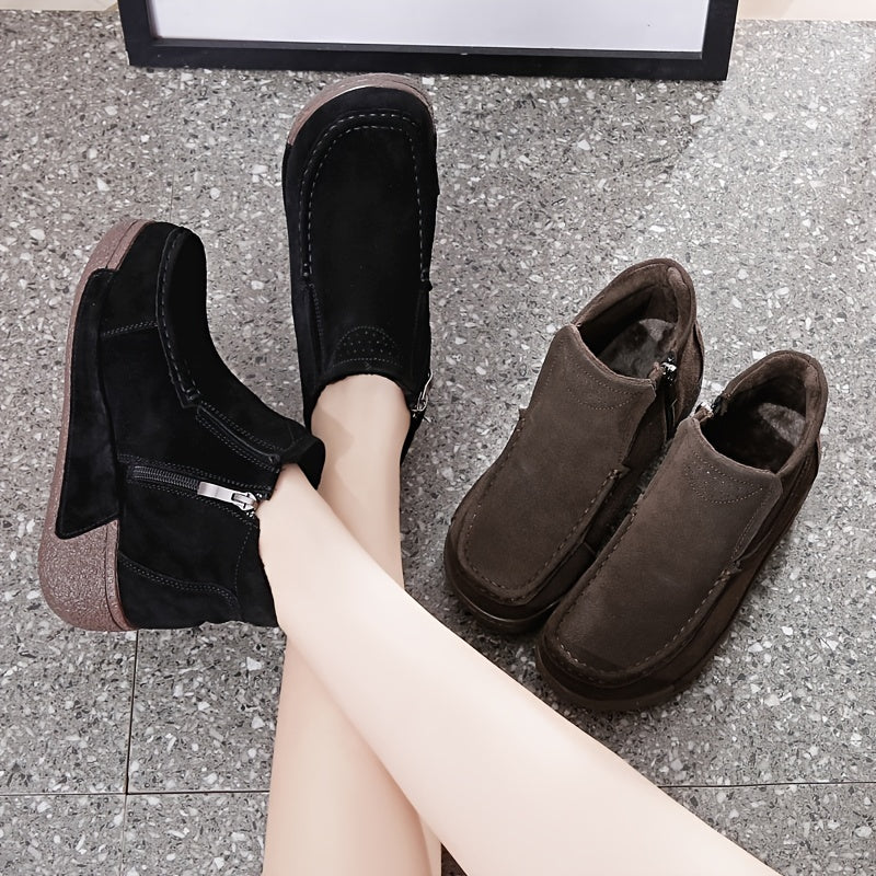 Women's Fleece-Lined Faux Leather Ankle Boots Brown Platform Winter