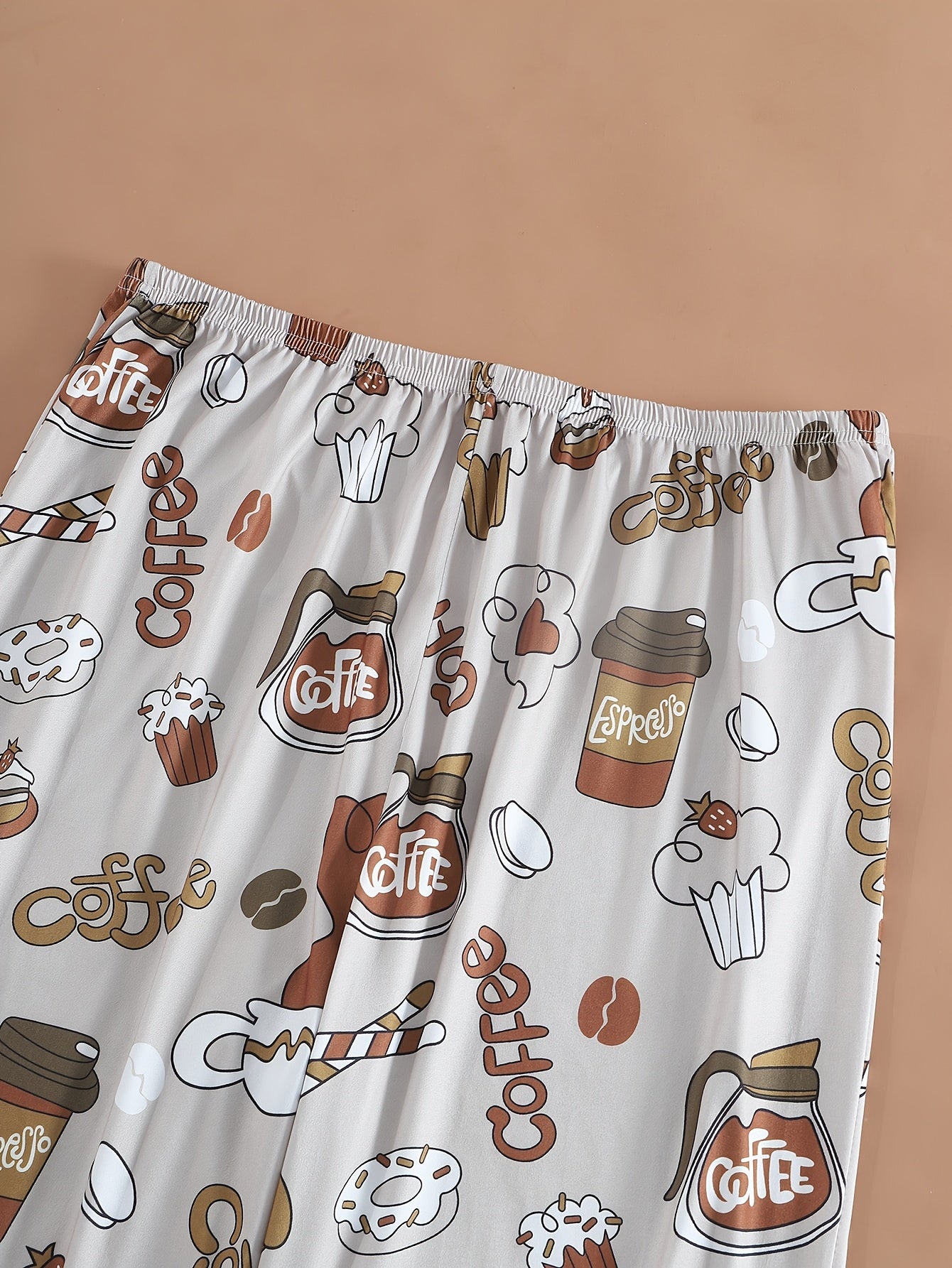 Plus Size Women’s Coffee Print Pajama Set Knit Polyester Elastane Sleepwear