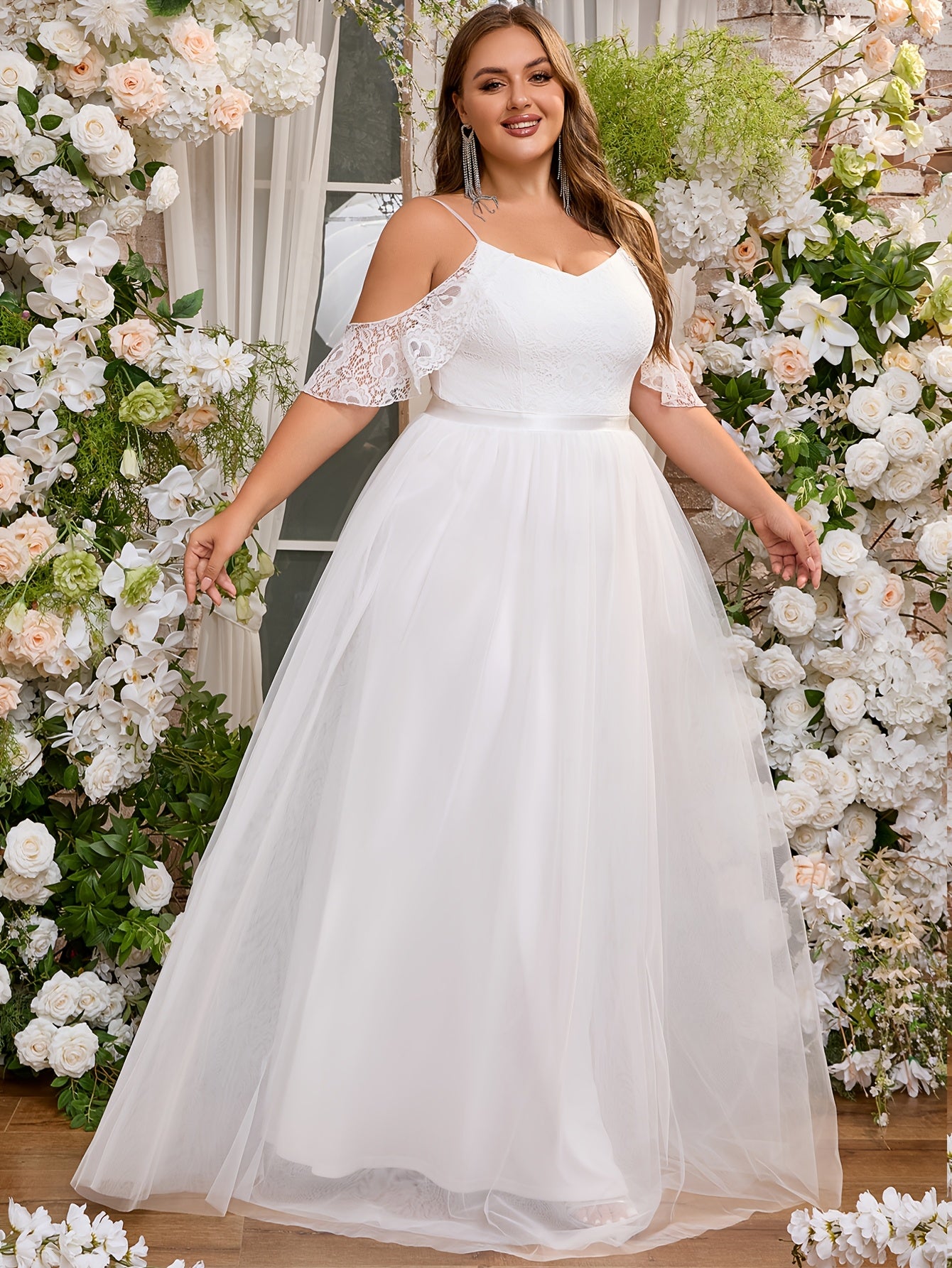 Plus Size Cold Shoulder Lace Wedding Dress Short Sleeve Party Evening