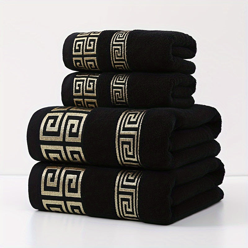 Luxury Cotton Bath Towel Set 4 Pieces Geometric Embroidery 400GSM Soft Absorbent