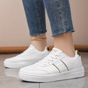 Women’s Casual Running Shoes, Low Top Sneakers, White with Gold Accents