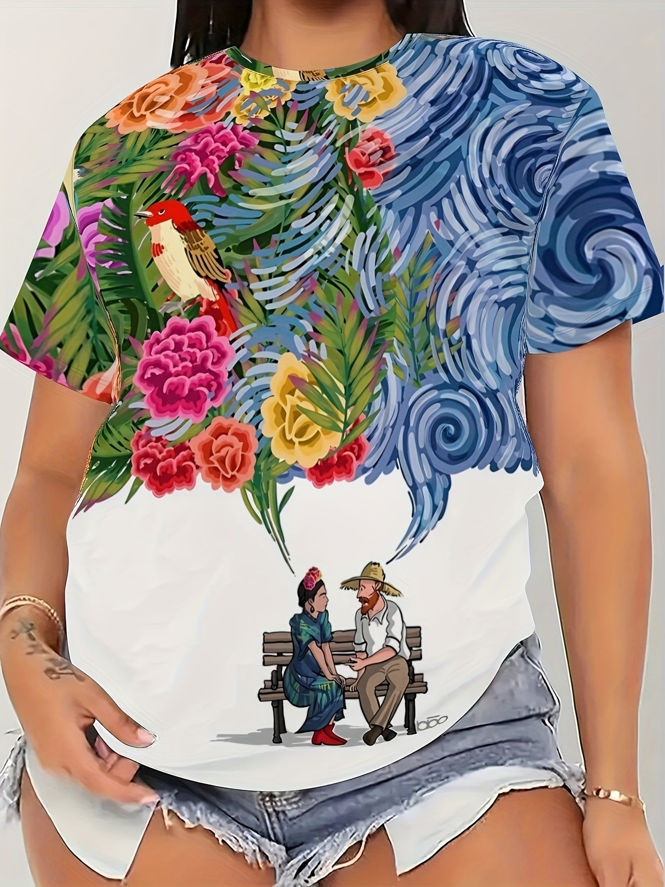 Plus Size Women's Cotton Floral Graphic T-Shirt Short Sleeve All-Season Comfort