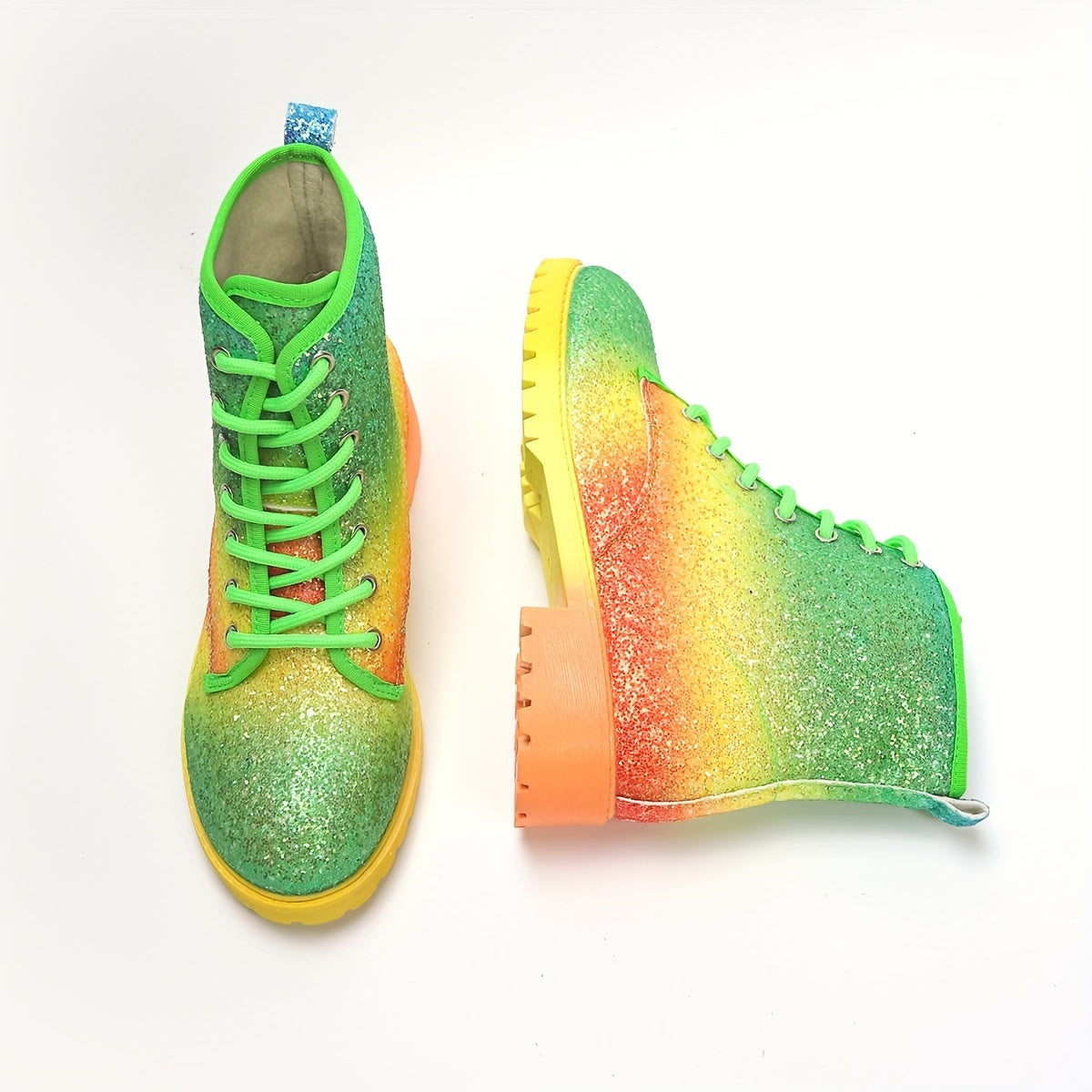 Women's Colorful Gradient Print Platform Ankle Boots with Glitter Accents