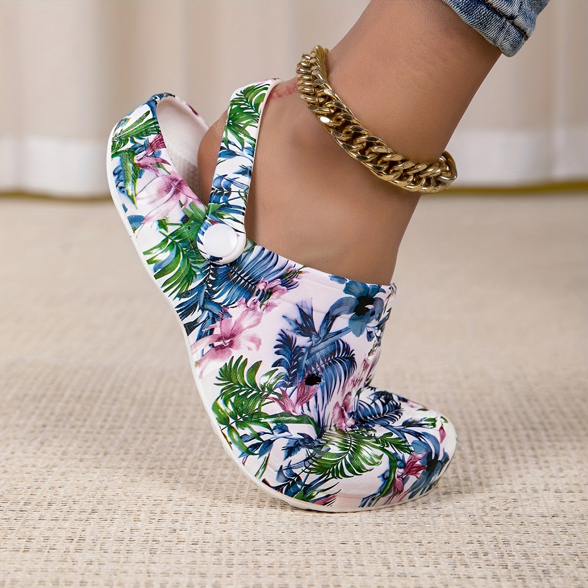 Women's Lightweight EVA Slip-On Shoes with Tropical Floral Print Blue Pink Green