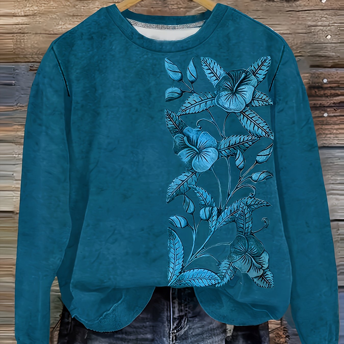 Women's Long Sleeve Sweatshirt Cozy Floral Print Pullover Fall Winter Brown Orange
