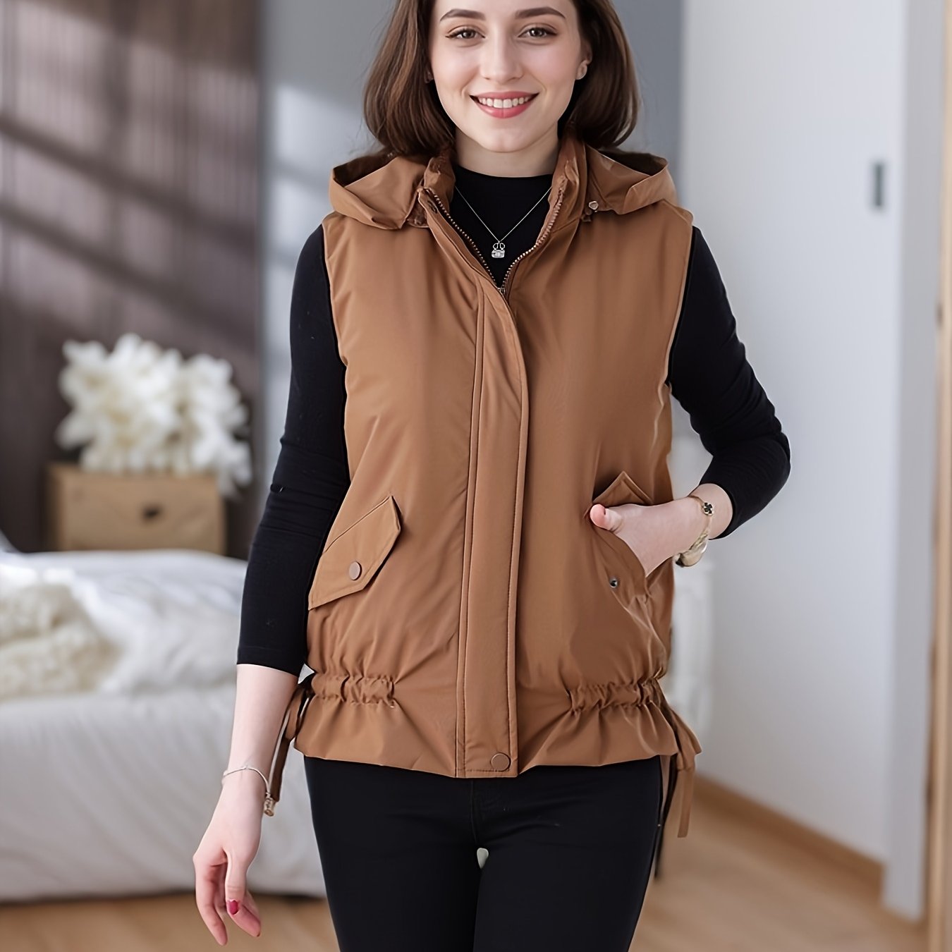 Women's Beige Hooded Puffer Vest Casual Warmth Polyester Lined