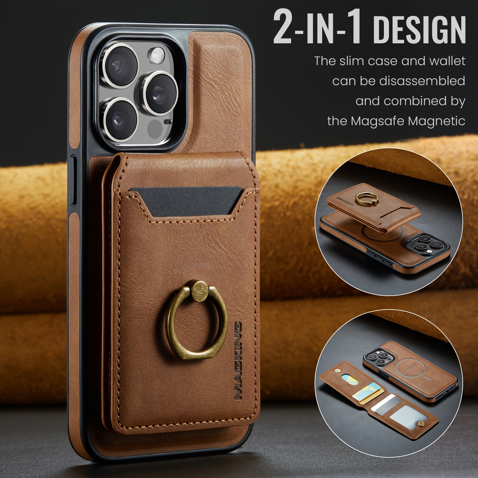 Detachable Faux Leather Phone Case with Magnetic Card Slots Kickstand RFID Blocking for iPhone 12-16 Pro Max Plus