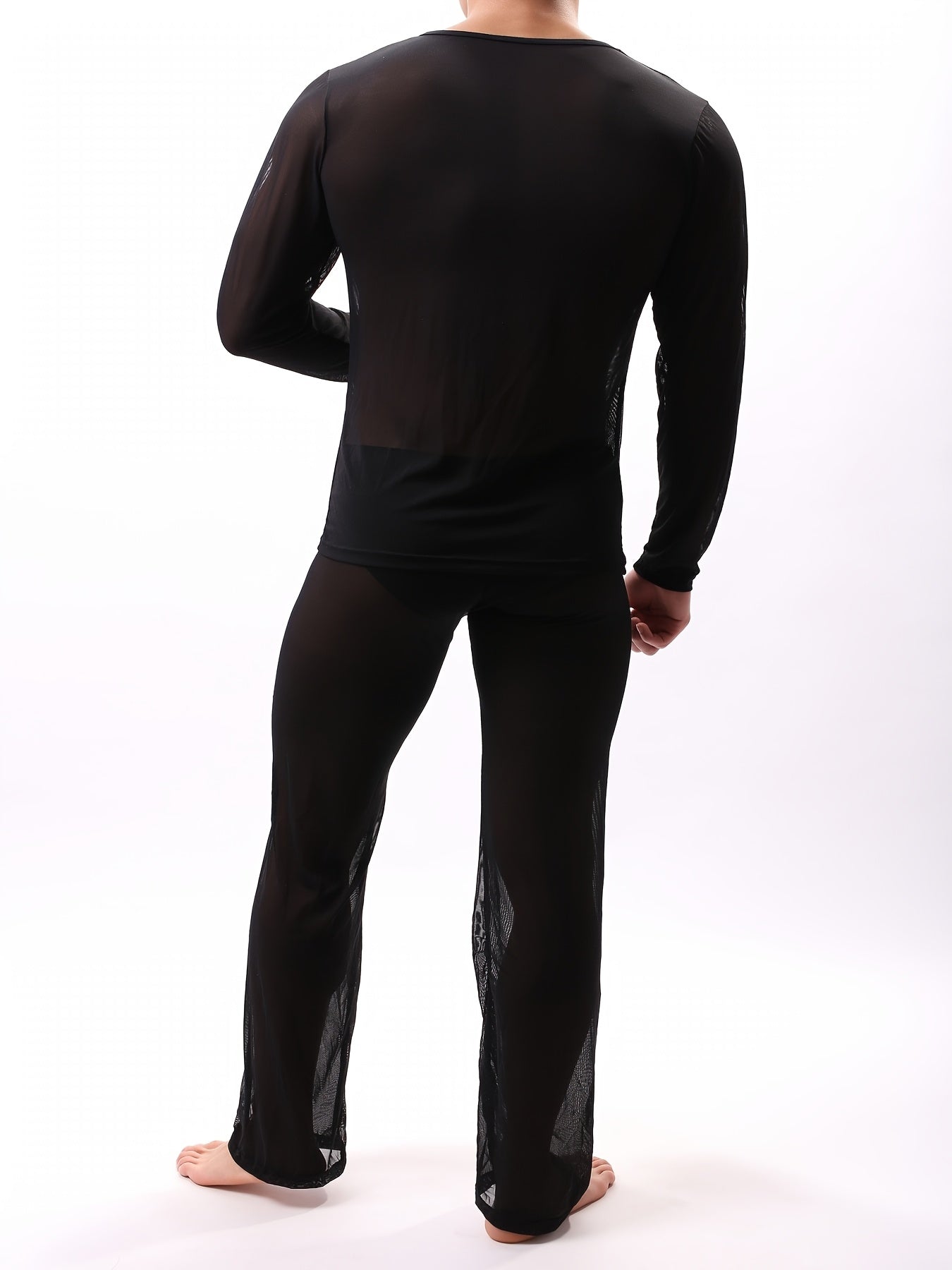 Conjunto de ropa de descanso de manga larga y tela transparente para hombre, de color sólido, poliéster y spandex