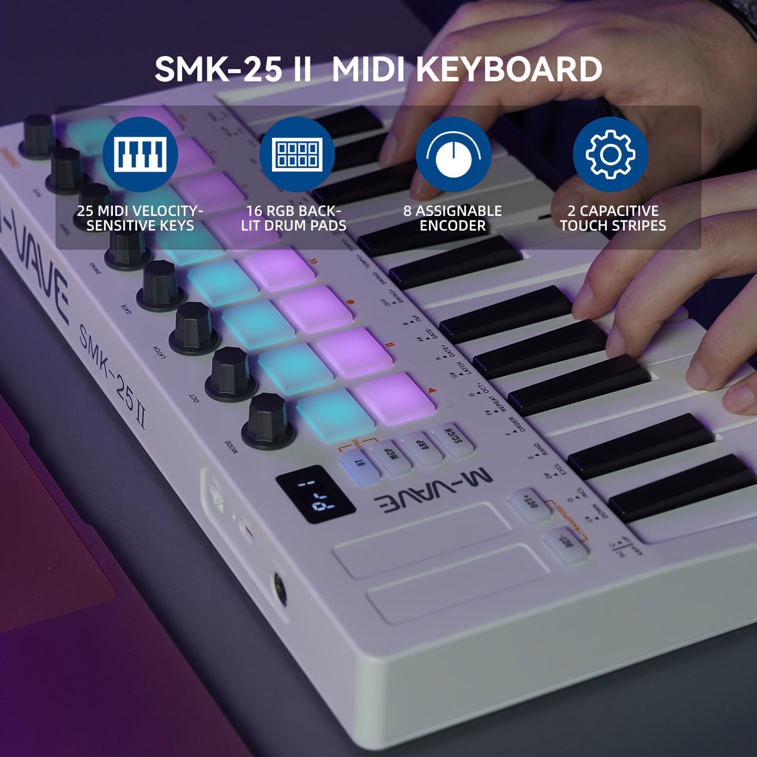 Teclado MIDI inalámbrico con 25 teclas, retroiluminación RGB, codificadores, tira táctil, alimentado por batería