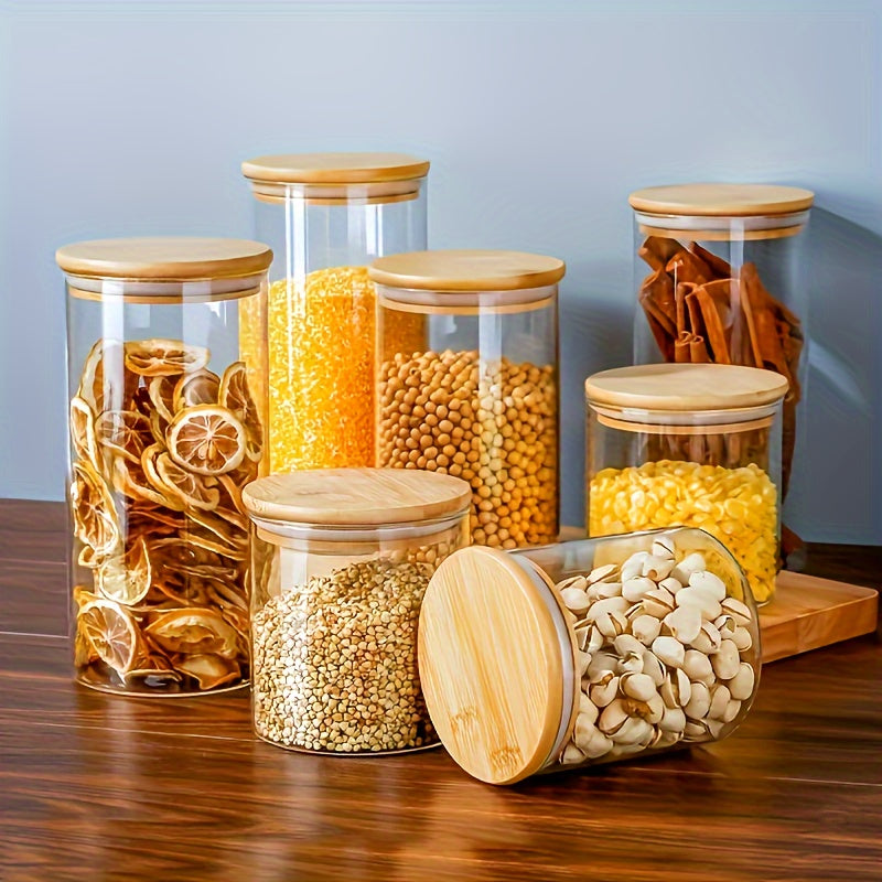 Set of Five Airtight Glass Storage Jars 540ml with Bamboo Flip Top Lids for Kitchen Organizing