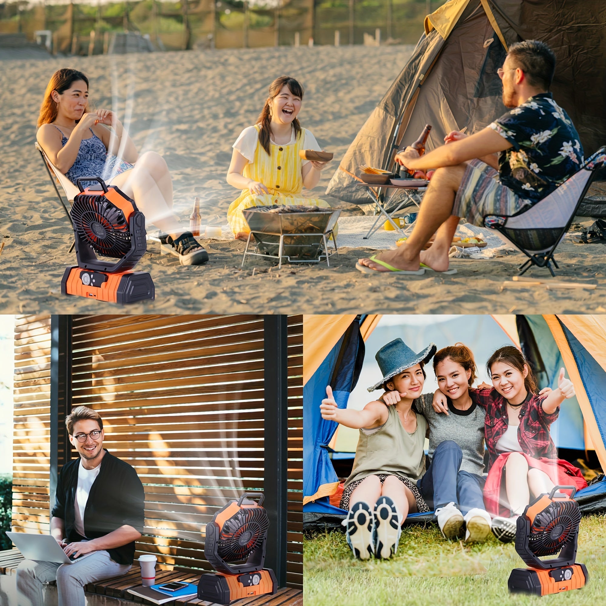 Portable Camping Fan with LED Light and 20000mAh Battery, 4-Speed, Rechargeable USB, Hexagonal Design, Orange and Black