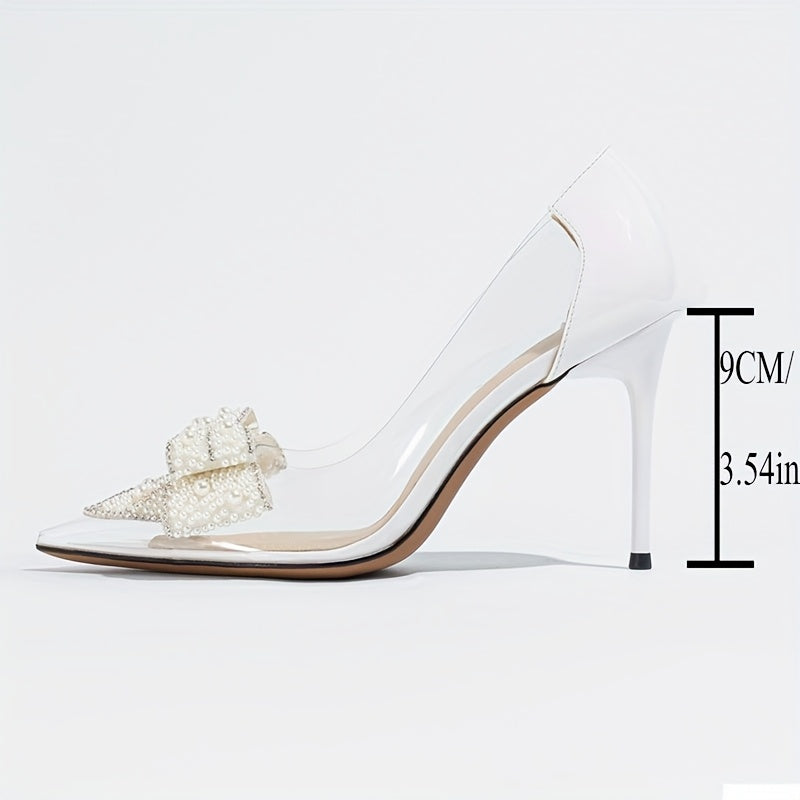 Women High Heel Shoes TPU Pearl Butterfly Pointed Toe Stiletto Silver Gold Champagne