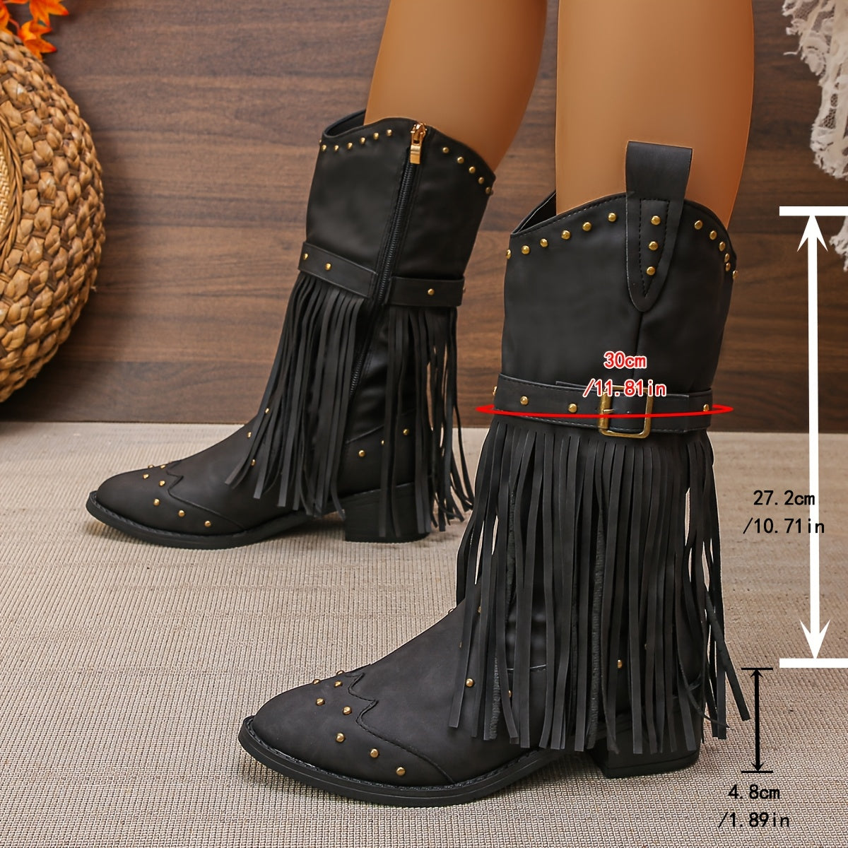 Women's Fashion Boots with PU Cover Chunky Heel Round Toe Treaded Decorations
