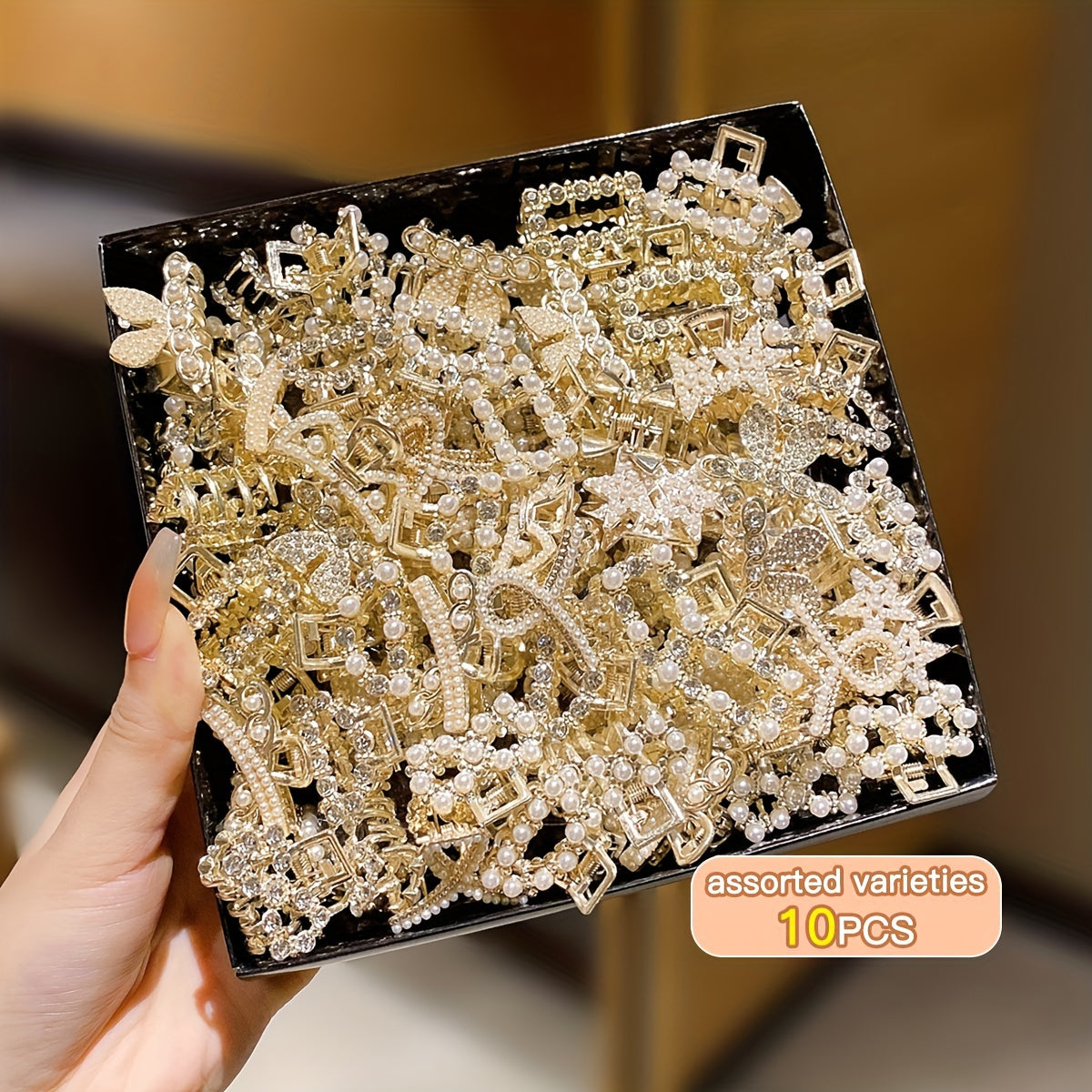 Qizlar uchun 10 ta rhinestone soxta marvarid soch qisqichlari