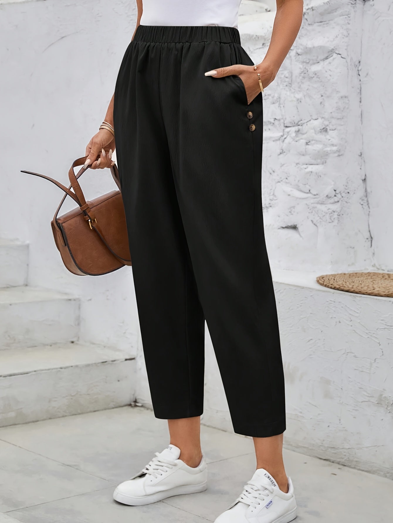 Women's Maroon High-Waisted Tapered Pants with Dual Pockets Polyester Fall Fashion