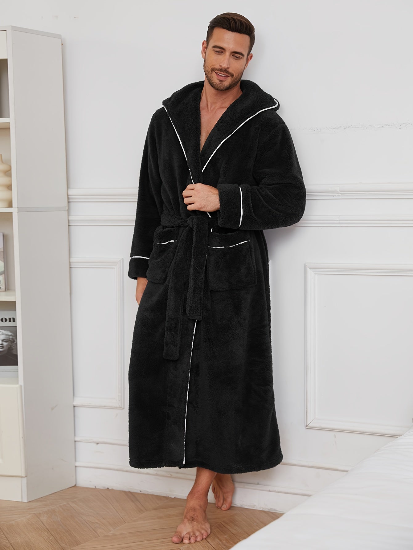 Men's Flannel Fleece Robe with Hood Pockets Belt for Fall Winter Lounge