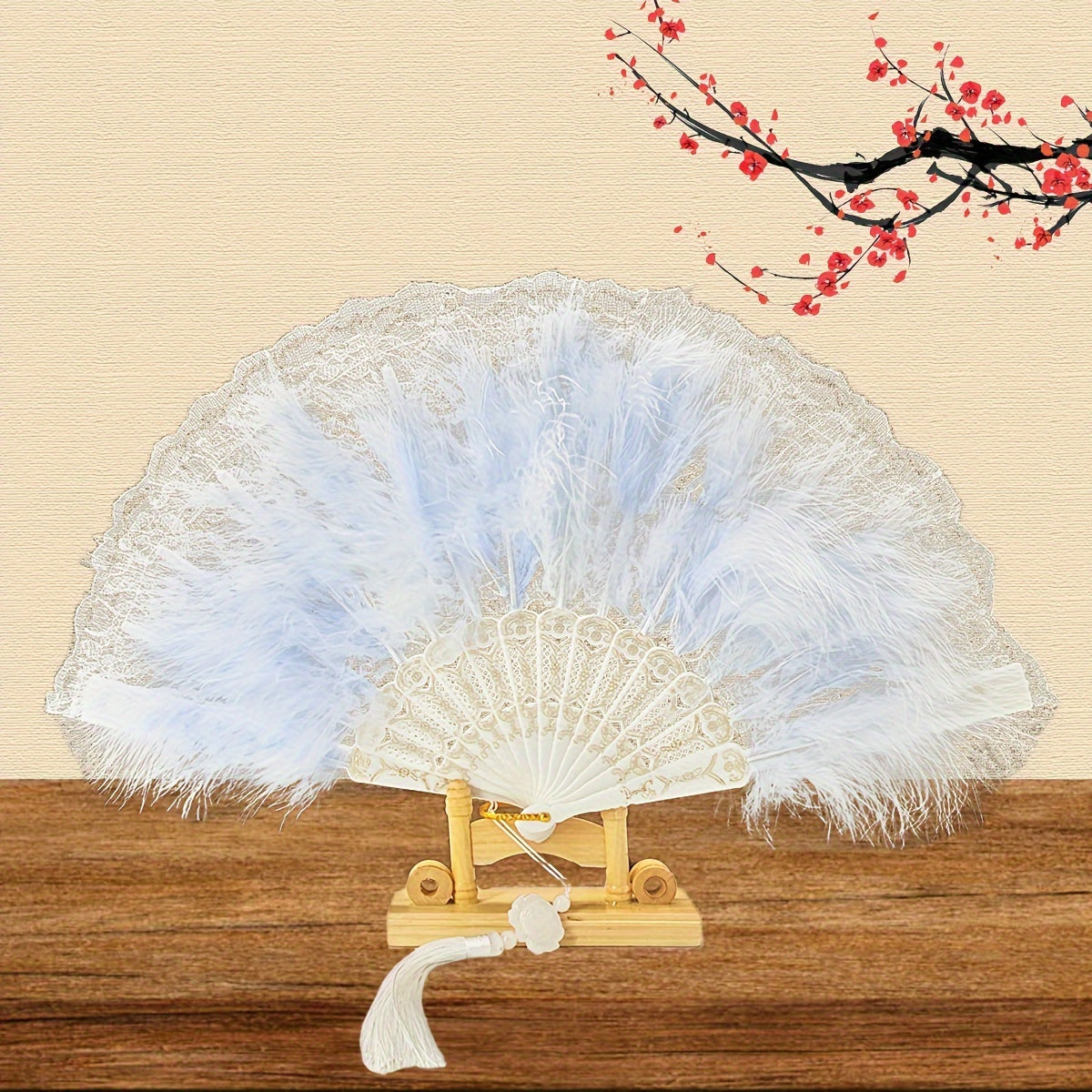 Lace and Feather Foldable Fan with Vintage Floral Pattern for Weddings and Events