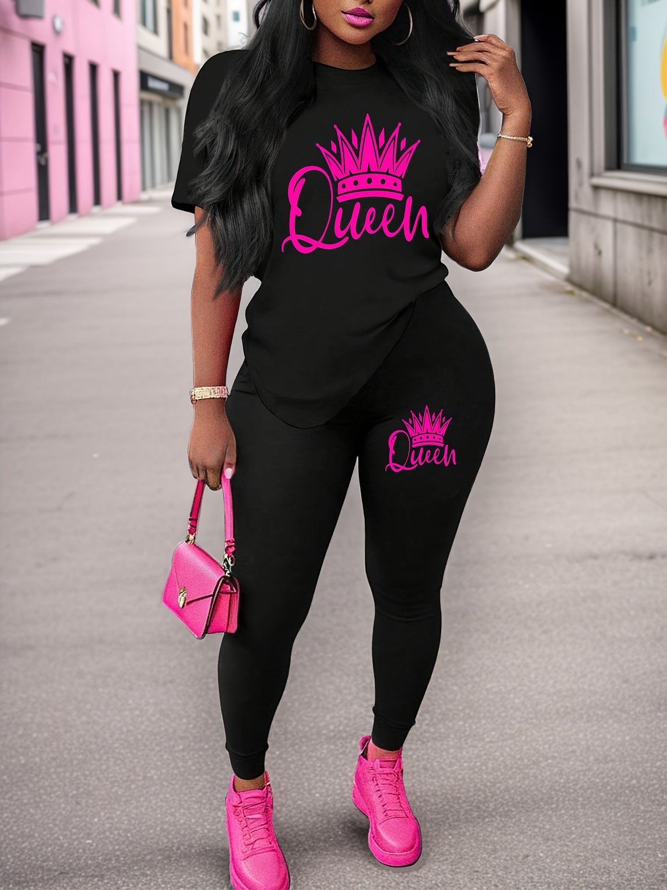 Women's Activewear Set with Queen Crown Graphic Polyester Elastane Crew Neck Long Pants