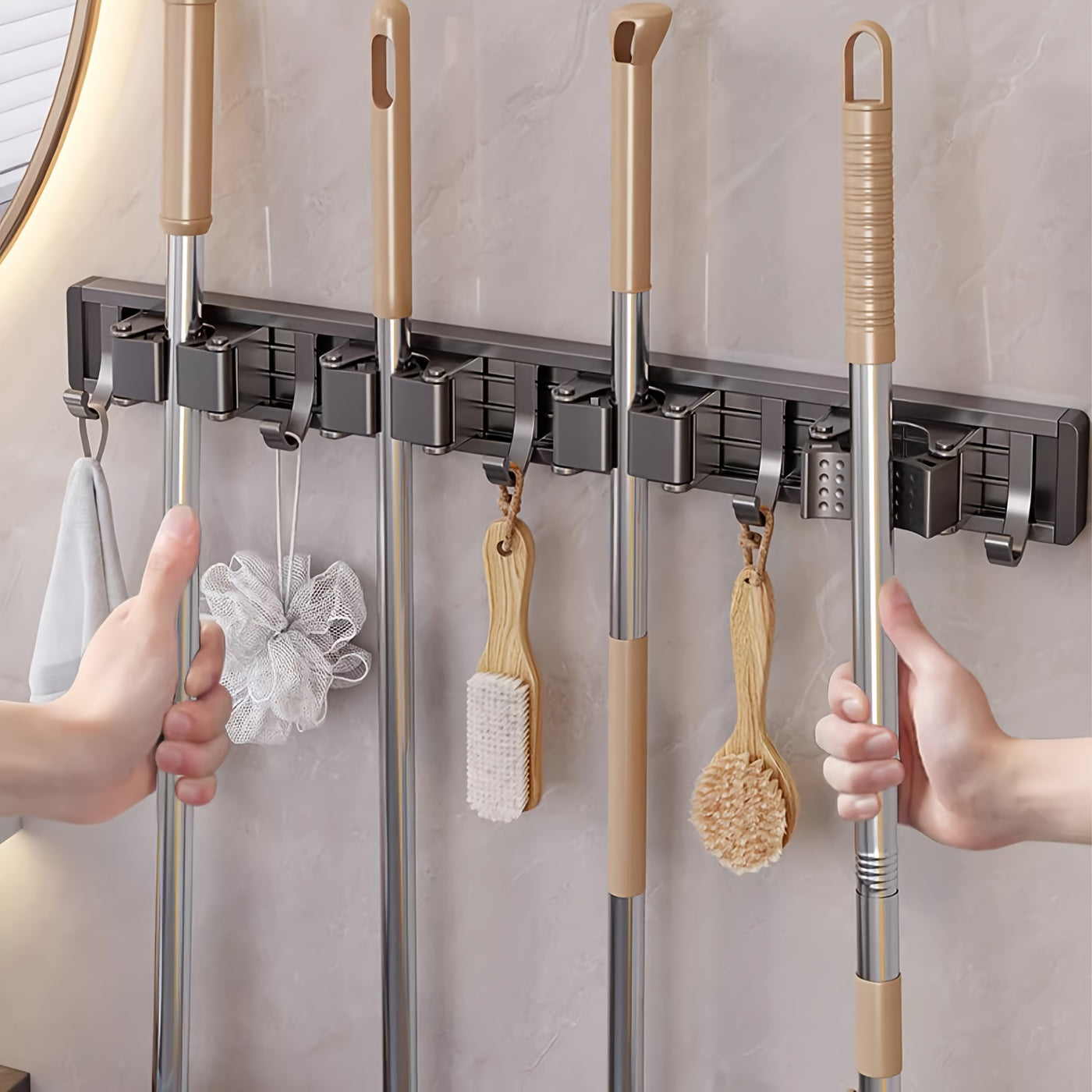 Heavy Duty Metal Wall Mount Mop and Broom Holder with Adjustable Hooks and Space-Saving Shelf