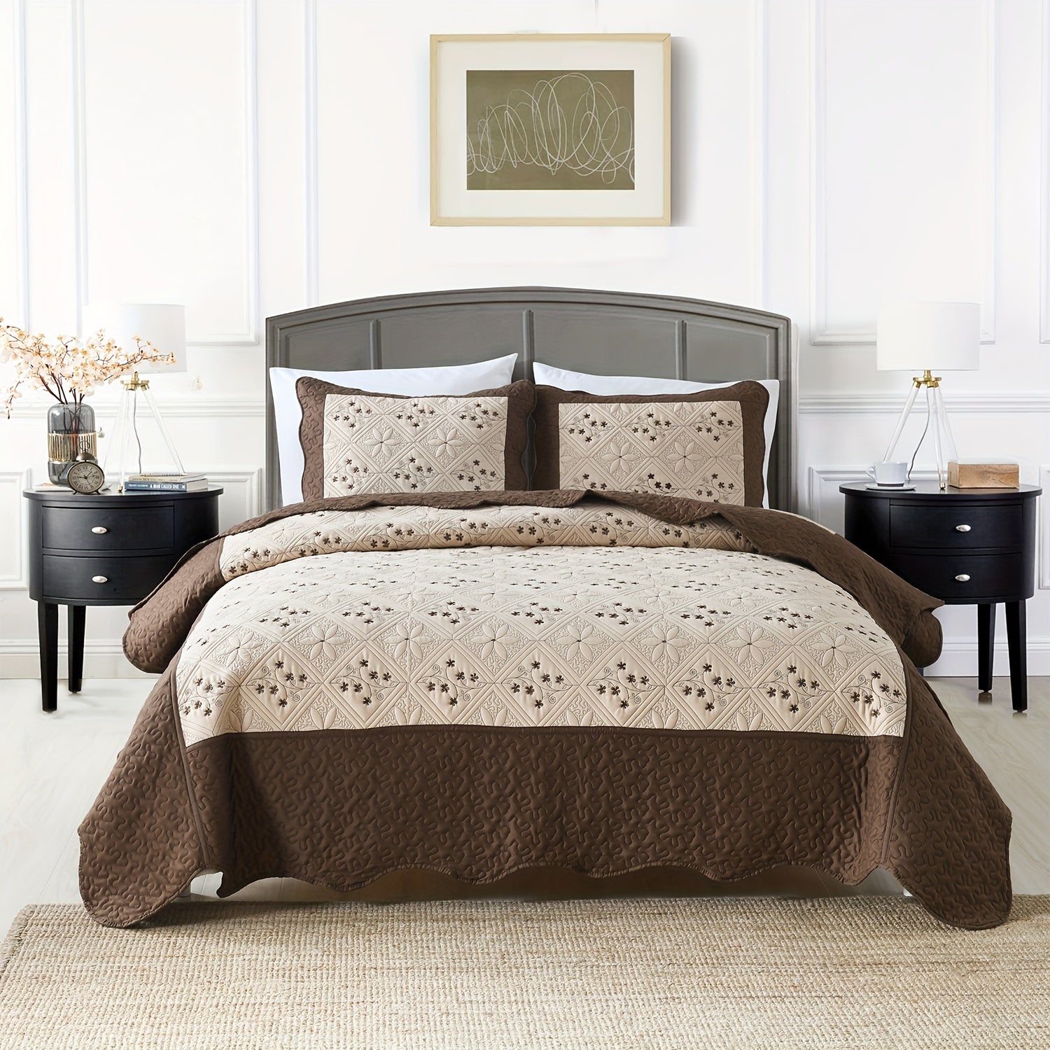 Red Quilt Cover Bedding Set with Flower Pattern Includes Bedspread and Pillowcases for Double Bed